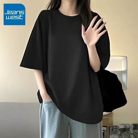 KV真维斯黑色宽松短袖女t恤2025新款 纯棉透气高腰显瘦夏季上衣女商品大图