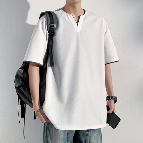 回力假两件华夫格短袖T恤男士2025新款夏季宽松V领五分袖体恤上衣图片