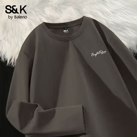 班尼路S&K美式字母t恤男纯棉重磅长袖打底衫秋季圆领正肩上衣男款图片