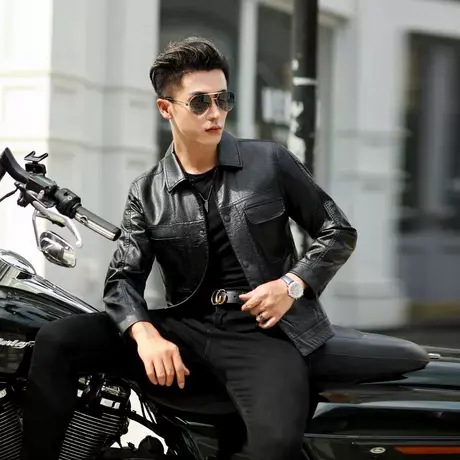 雅鹿2024年春季新款机车款皮衣夹克男士加绒保暖PU皮仿绵羊皮外套图片