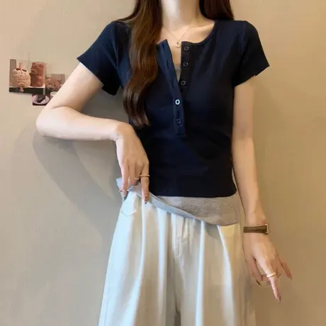拼接撞色假两件T恤半袖女2025夏季新款修身显瘦纽扣短袖上衣潮ins图片