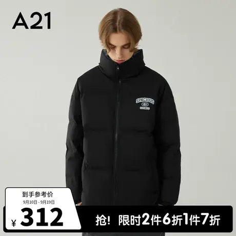 A21outlets男装宽松立领长袖厚羽绒服2022冬季休闲潮男士黑色外套商品大图