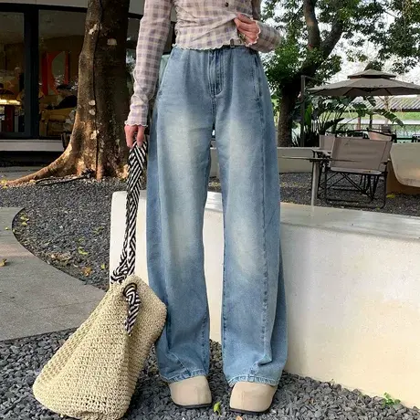 尔给牛仔裤做旧水洗直筒牛仔裤女显瘦小个子宽松垂感阔腿长裤子商品大图