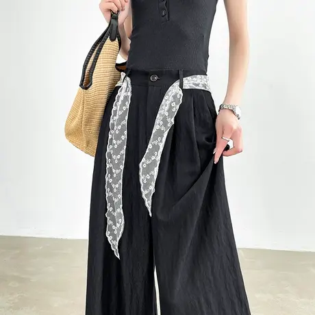 蕾丝休闲西装裤女夏季薄款阔腿裤高腰宽松显瘦直筒垂坠感拖地裤子商品大图