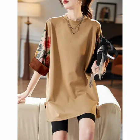 宝诗黎中长款印花拼接T恤2025夏季五分袖新中式简约宽松棉质上衣图片