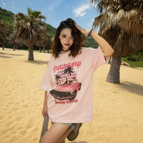 YEP美式复古汽车印花t恤女2025新款夏季纯棉短袖上衣宽松百搭半袖图片