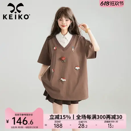 KEIKO 减龄少女感假两件POLO领短袖t恤夏季立体扎花宽松半袖上衣图片
