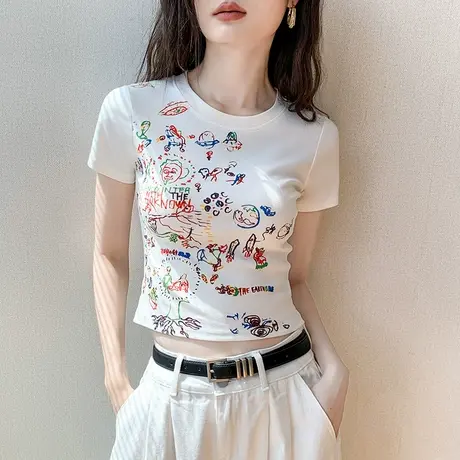 涂鸦短袖T恤女2025夏新款设计感别致卡通印花短款多巴胺穿搭上衣图片
