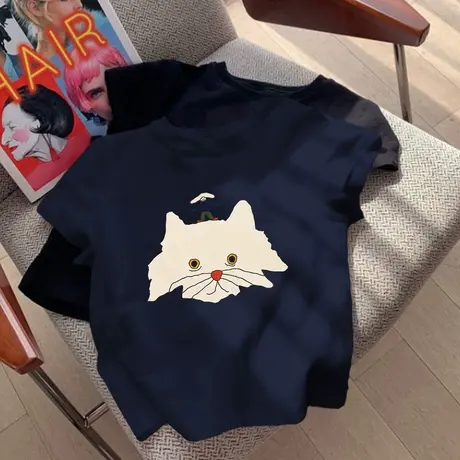 辣妹超好看气质短款修身印花美式复古藏蓝色正肩短袖T恤女夏上衣商品大图