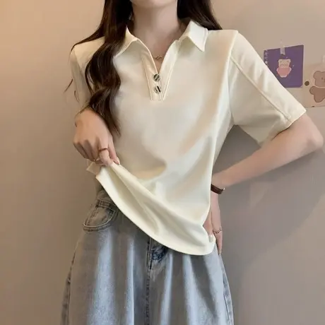 V领正肩POLO衫短袖T恤女夏季韩版修身打底衫内搭外穿纯棉半袖上衣图片