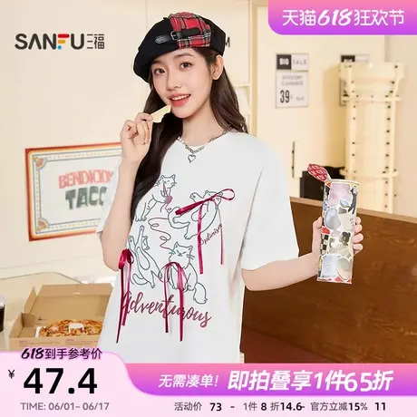 三福t恤女2025新款夏季猫咪图案蝴蝶结绑带短袖宽松时尚上衣女装图片