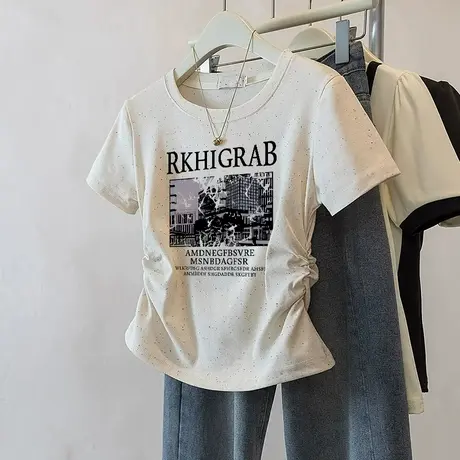 2025夏季新款甜妹风彩虹波点正肩褶皱收腰短袖t恤女洋气圆领上衣商品大图