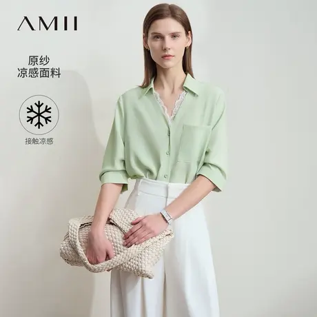 Amii2025夏新款通勤翻领V领拼蕾丝凉感雪纺衫女五分袖宽松上衣商品大图