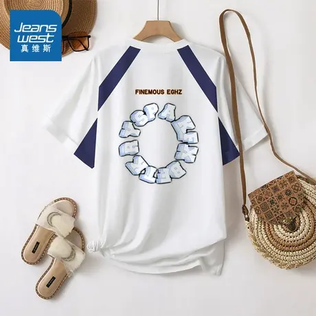 G2真维斯女装2025夏季新款立体字母印花圆领插肩撞色拼接短袖T恤商品大图
