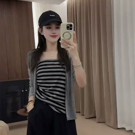 条纹吊带配长袖纯色开衫两件套女2025夏新款韩版时尚显瘦百搭上衣图片