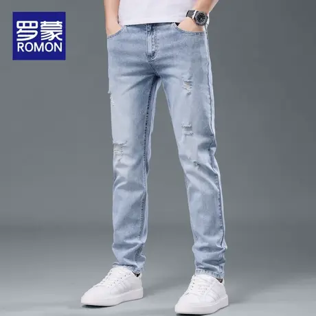 罗蒙男士牛仔裤夏季薄款修身直筒裤子男2025新款潮流破洞休闲长裤商品大图