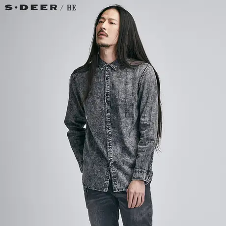 sdeerhe圣迪奥休闲暗纹水洗牛仔长袖衬衫H15370556图片