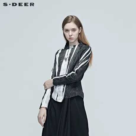 sdeer圣迪奥春秋时尚独特水墨亚麻桑蚕丝便装短款夹克女S20182207图片
