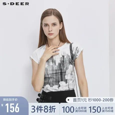 sdeer圣迪奥女装夏季水墨印花文字圆领短袖T恤S20280165图片