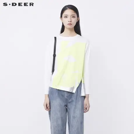sdeer圣迪奥女秋圆领撞色印花不规则开衩T恤S21380203图片