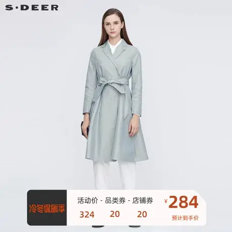 sdeer圣迪奥休闲平驳领暗褶拼接收腰长款大衣S21181810图片