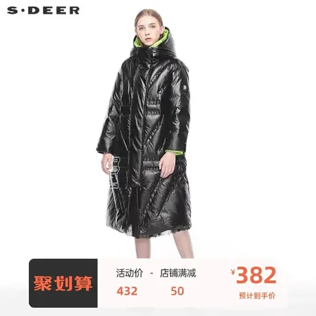 sdeer圣迪奥女装高领连帽字母印胶撞色两件套长款羽绒服S18482451图片