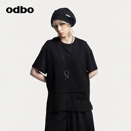 odbo/欧迪比欧t恤女士新款不规则设计感时尚个性宽松薄纱拼接短袖图片