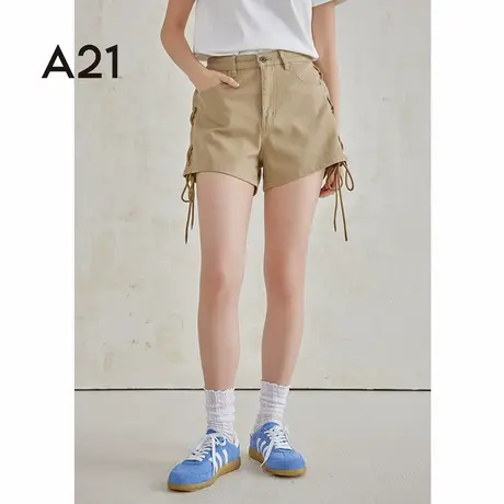 A21女装宽松阔腿短裤女生夏季卡其设计感三分裤子图片