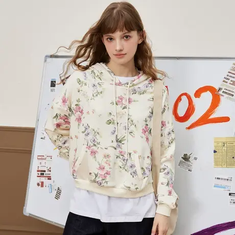 a02运动连帽个性满印花设计长袖上衣2025春季休闲小清新女式卫衣商品大图