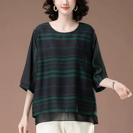 七分袖雪纺衫女夏季新款加肥加大码女装宽松中年妈妈条纹小衫上衣商品大图