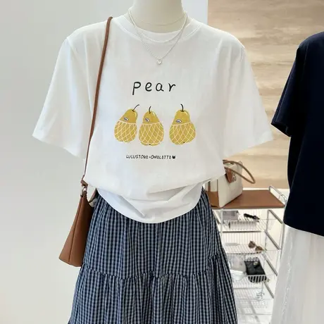 轻氧感小黄梨印花夏季新款韩系简约休闲短袖T恤女圆领宽松上衣商品大图