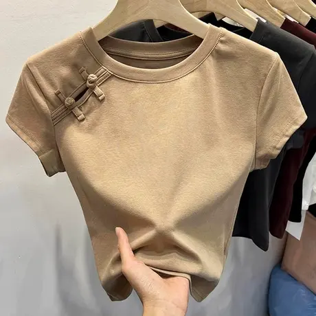 超火cec新中式国风盘扣短袖T恤女夏装修身韩版设计感小众短款上衣图片