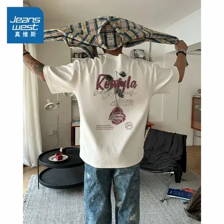 G2真维斯男装2025夏季新款 时髦玫瑰花印花男纯棉体恤圆领短袖T恤图片