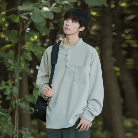 回力美式男士长袖t恤亨利领胸前口袋纯色打底衫内搭卫衣秋装上衣商品大图