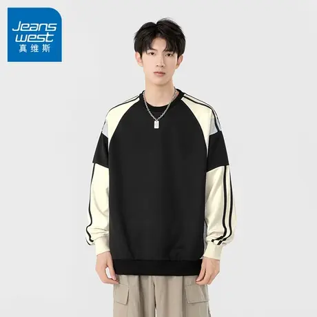 N5真维斯男士圆领卫衣2025秋季新款美式宽松拼接男生春秋长袖上衣商品大图