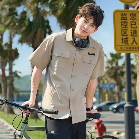 唐狮夏季新款男短袖衬衫简约日系工装翻领上衣宽松衬衣外套潮官方商品大图