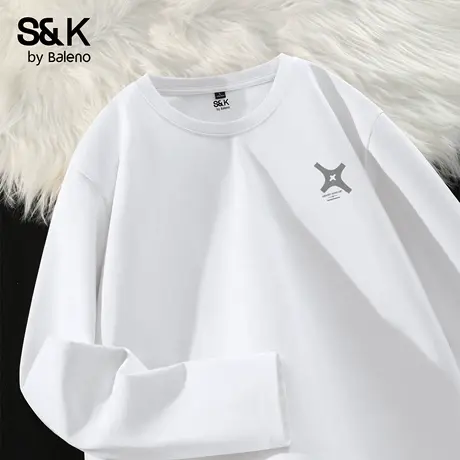 班尼路S&K白色打底衫男长袖2025秋季纯棉重磅圆领t恤男款上衣内搭商品大图