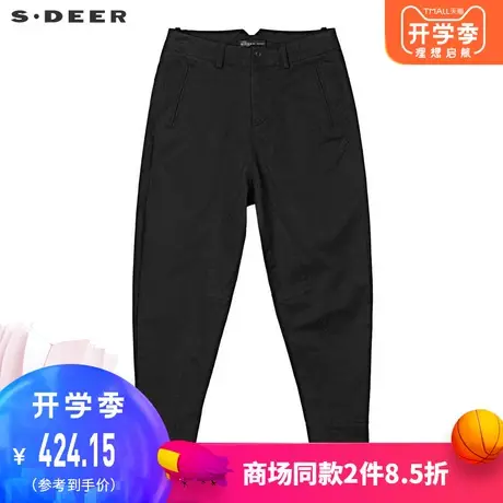 sdeer圣迪奥休闲无松紧腰创意拼接斜插口袋纯黑长裤S19380823🔉商品大图