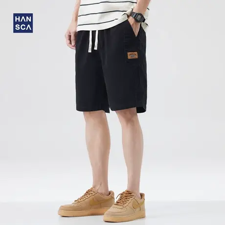 hansca黑色休闲短裤男宽松纯棉夏季薄款潮牌大码直筒抽绳运动中裤商品大图
