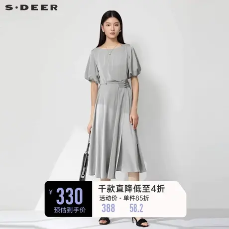 sdeer圣迪奥女装圆领新中式收腰泡泡袖连衣裙S232Z12Q8商品大图