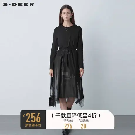 sdeer圣迪奥女装秋装圆领收腰网纱不规则连衣裙S221Z1213商品大图