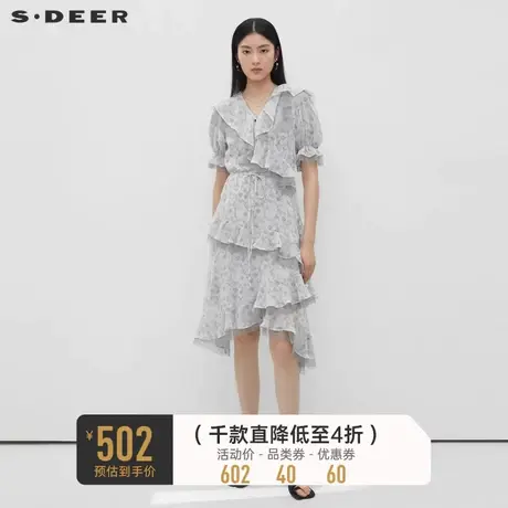 sdeer圣迪奥女装V领荷叶边碎花收腰网纱连衣裙S232Z12J8商品大图