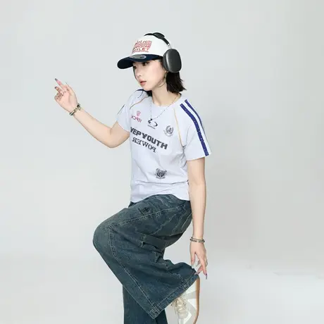 2025夏季新款插肩袖条纹拼接短袖T恤女美式复古辣妹风半袖上衣潮商品大图