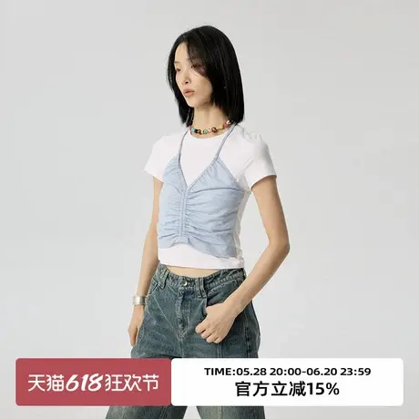 omont蛋挞家 假两件挂脖短袖T恤夏季新正肩修身显瘦半袖上衣商品大图