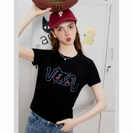 a02精致刺绣长耳朵猫头绣花修身显瘦短袖夏季女式T恤图片