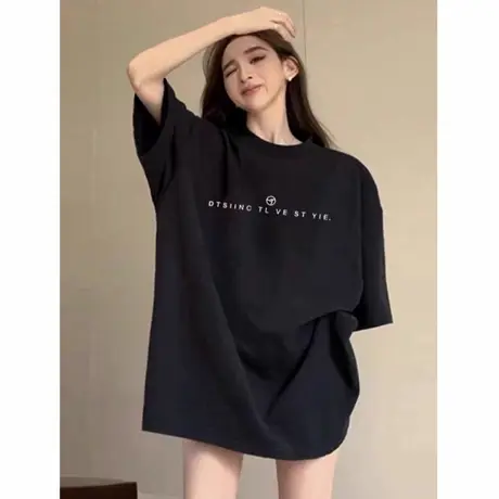 黑色夏款大码短袖t恤女装宽松版oversize胖mm2025新款半袖上衣潮商品大图