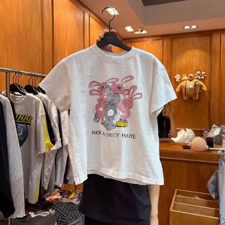 韩国东大门2025夏季可爱五只小兔印花百搭短袖T恤女宽松百搭上衣商品大图