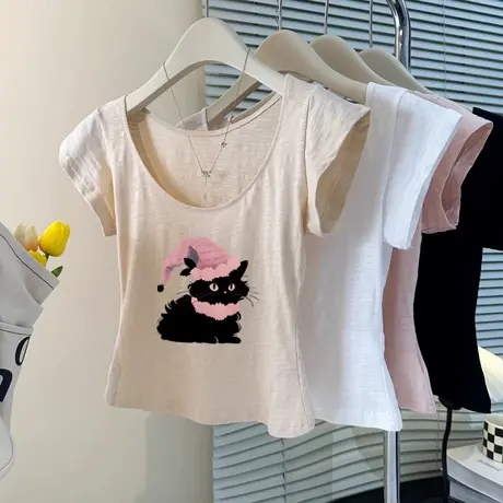 竹节棉大U领正肩短袖T恤女夏季2025新款修身打底衫内搭短款小上衣商品大图