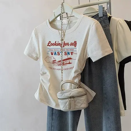 潮流短款收腰t恤女2025新款褶皱修身彩虹波点短袖减龄小个子上衣商品大图