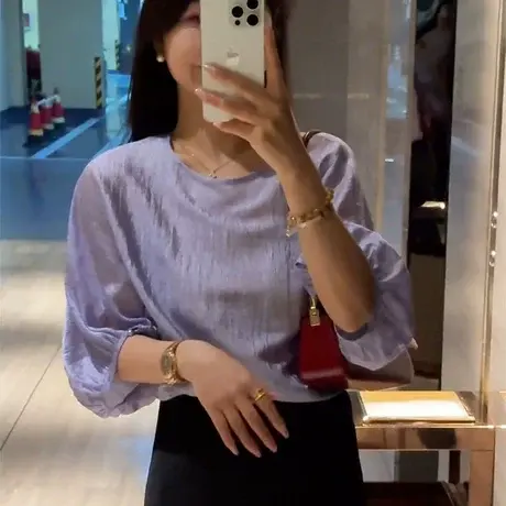 夏天气质薄款圆领短袖衬衫女2025新款爆款夏季衬衣高级感轻奢上衣图片